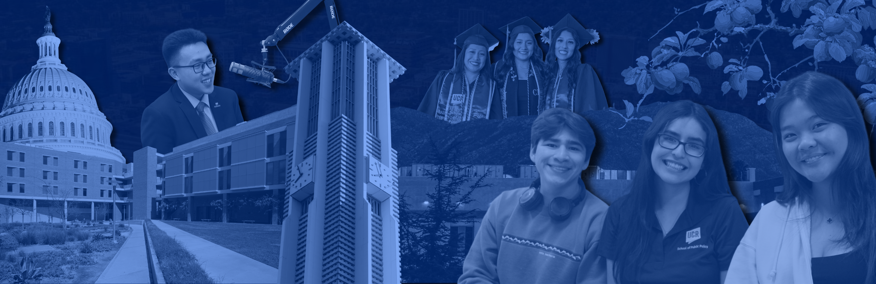 A collage of students, the INTS building, and the bell tower